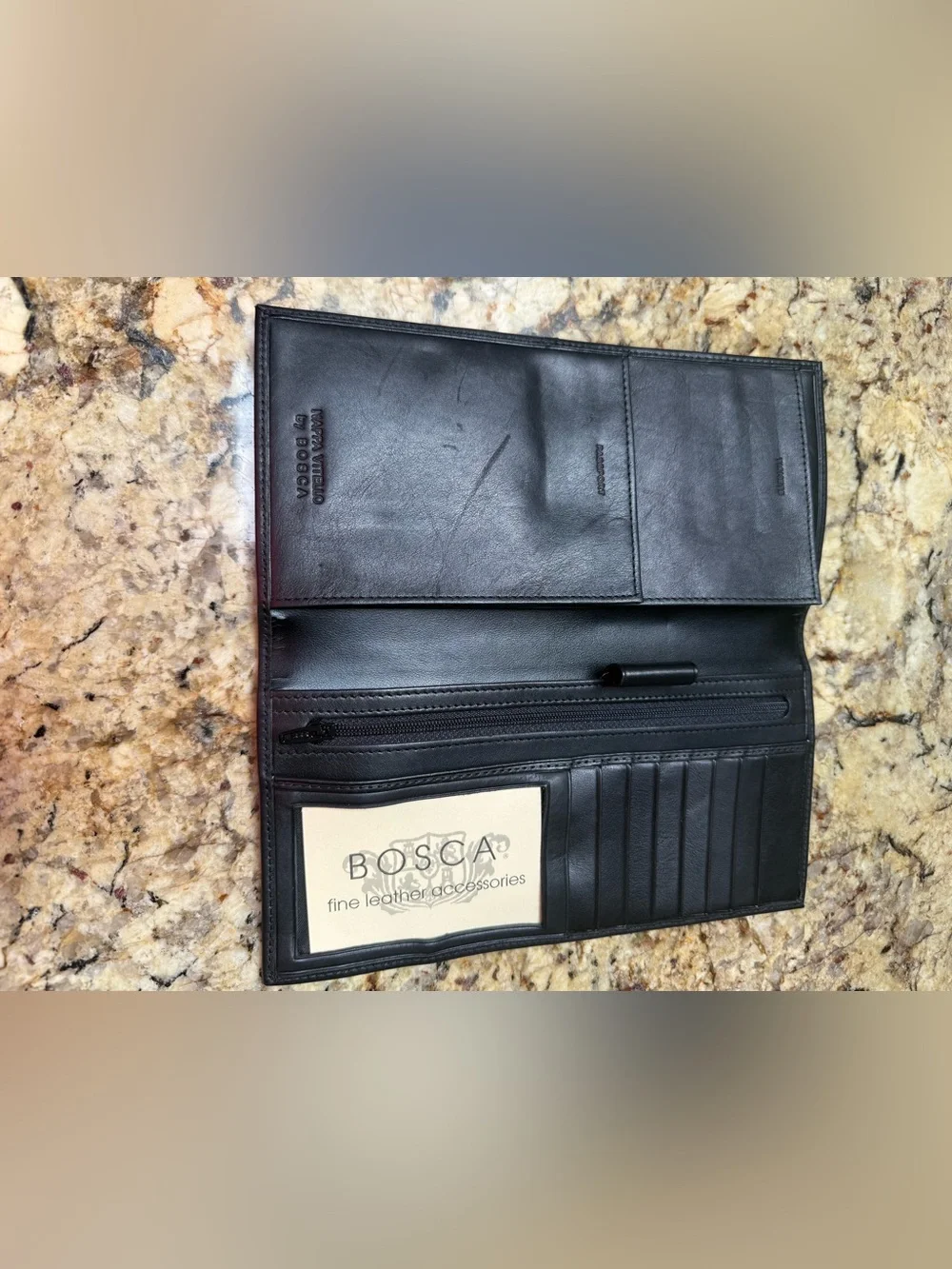 BOSCA Men’s Black Leather Travel Checkbook Wallet Never Used